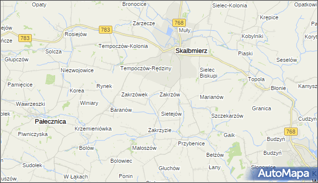 mapa Zakrzów gmina Skalbmierz, Zakrzów gmina Skalbmierz na mapie Targeo