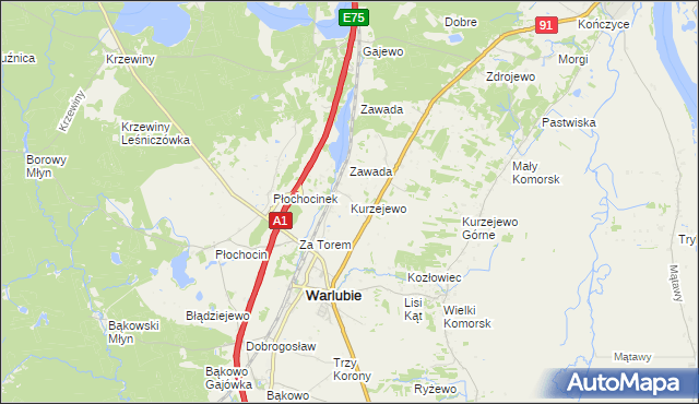 mapa Kurzejewo, Kurzejewo na mapie Targeo