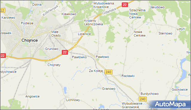 mapa Pawłowo gmina Chojnice, Pawłowo gmina Chojnice na mapie Targeo