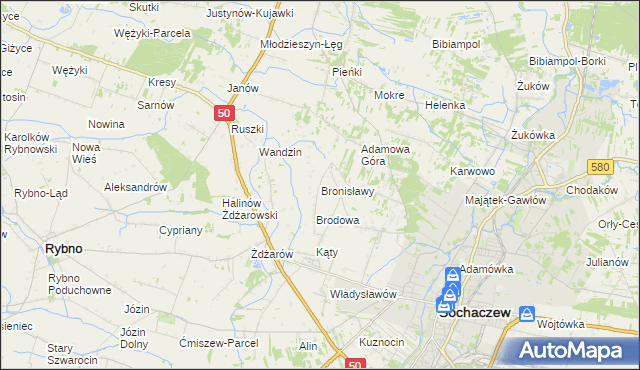 mapa Bronisławy gmina Sochaczew, Bronisławy gmina Sochaczew na mapie Targeo