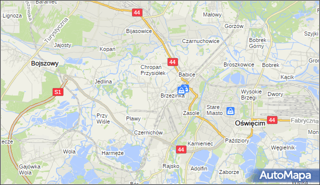 mapa Brzezinka gmina Oświęcim, Brzezinka gmina Oświęcim na mapie Targeo