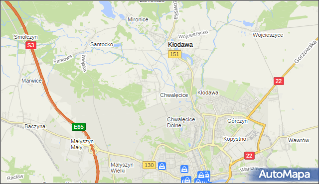mapa Chwalęcice gmina Kłodawa, Chwalęcice gmina Kłodawa na mapie Targeo