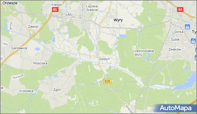 mapa Gostyń gmina Wyry, Gostyń gmina Wyry na mapie Targeo