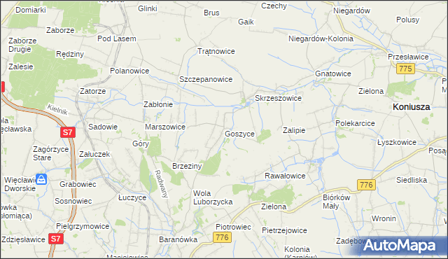 mapa Goszyce gmina Kocmyrzów-Luborzyca, Goszyce gmina Kocmyrzów-Luborzyca na mapie Targeo