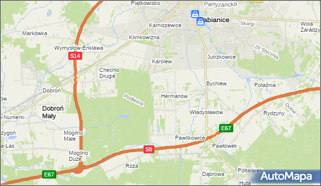 mapa Hermanów gmina Pabianice, Hermanów gmina Pabianice na mapie Targeo