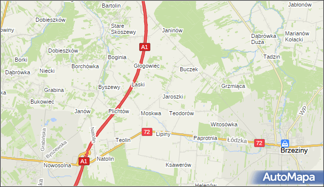 mapa Jaroszki gmina Brzeziny, Jaroszki gmina Brzeziny na mapie Targeo