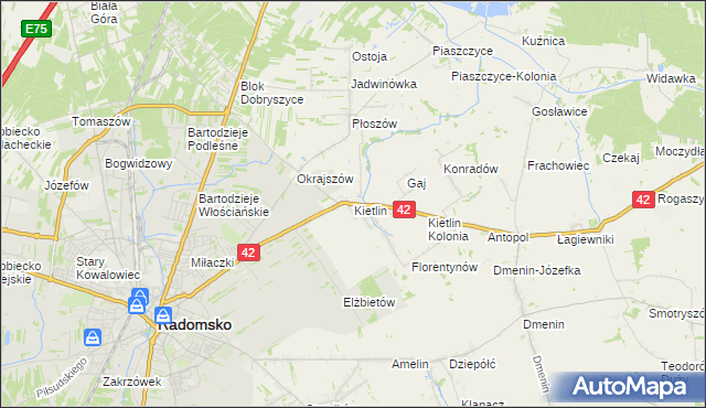 mapa Kietlin gmina Radomsko, Kietlin gmina Radomsko na mapie Targeo