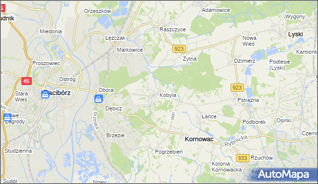 mapa Kobyla gmina Kornowac, Kobyla gmina Kornowac na mapie Targeo