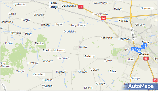 mapa Kurów gmina Wieluń, Kurów gmina Wieluń na mapie Targeo