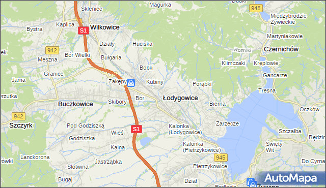 mapa Łodygowice powiat żywiecki, Łodygowice powiat żywiecki na mapie Targeo