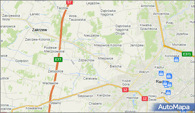 mapa Milejowice gmina Zakrzew, Milejowice gmina Zakrzew na mapie Targeo