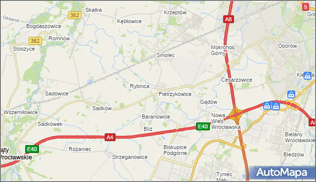 mapa Pietrzykowice gmina Kąty Wrocławskie, Pietrzykowice gmina Kąty Wrocławskie na mapie Targeo