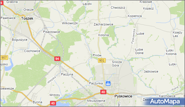 mapa Pniów gmina Toszek, Pniów gmina Toszek na mapie Targeo