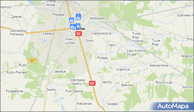 mapa Podgaj gmina Łuków, Podgaj gmina Łuków na mapie Targeo