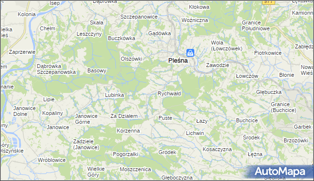 mapa Rychwałd gmina Pleśna, Rychwałd gmina Pleśna na mapie Targeo