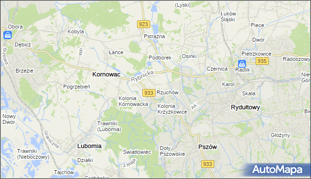 mapa Rzuchów gmina Kornowac, Rzuchów gmina Kornowac na mapie Targeo