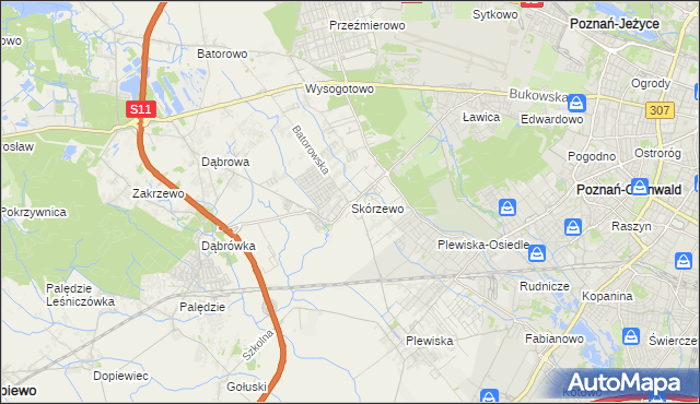 mapa Skórzewo gmina Dopiewo, Skórzewo gmina Dopiewo na mapie Targeo