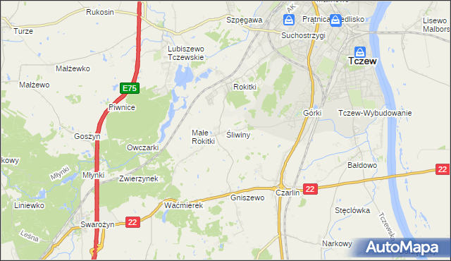 mapa Śliwiny gmina Tczew, Śliwiny gmina Tczew na mapie Targeo