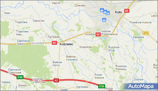 mapa Straszków gmina Kościelec, Straszków gmina Kościelec na mapie Targeo