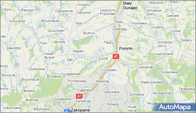 mapa Suche gmina Poronin, Suche gmina Poronin na mapie Targeo