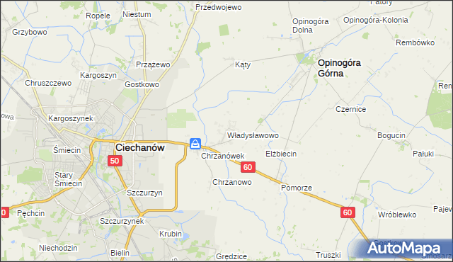 mapa Władysławowo gmina Opinogóra Górna, Władysławowo gmina Opinogóra Górna na mapie Targeo