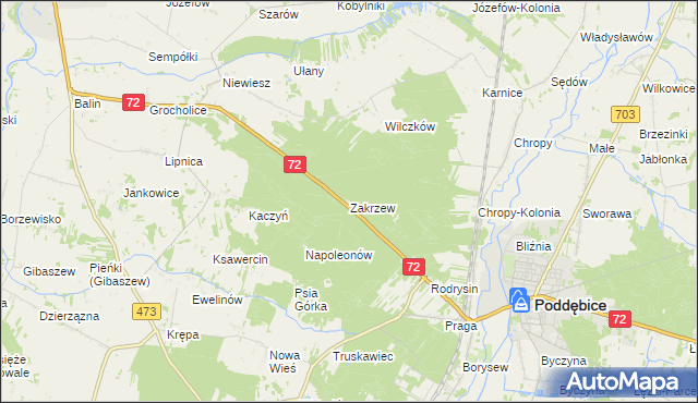 mapa Zakrzew gmina Poddębice, Zakrzew gmina Poddębice na mapie Targeo