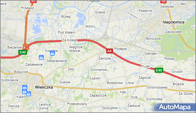 mapa Zakrzów gmina Niepołomice, Zakrzów gmina Niepołomice na mapie Targeo