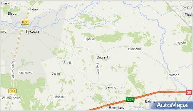 mapa Bagienki gmina Tykocin, Bagienki gmina Tykocin na mapie Targeo