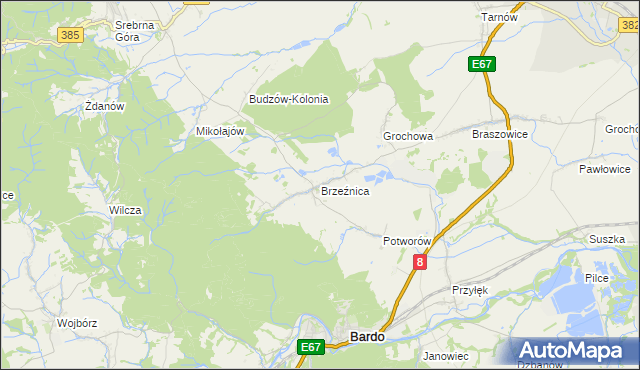 mapa Brzeźnica gmina Bardo, Brzeźnica gmina Bardo na mapie Targeo