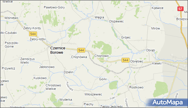 mapa Chojnowo gmina Czernice Borowe, Chojnowo gmina Czernice Borowe na mapie Targeo