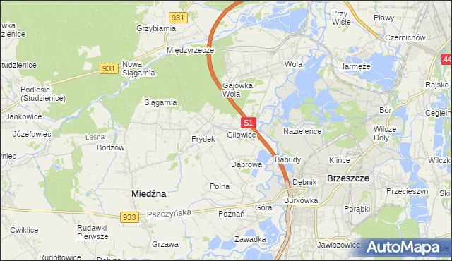 mapa Gilowice gmina Miedźna, Gilowice gmina Miedźna na mapie Targeo