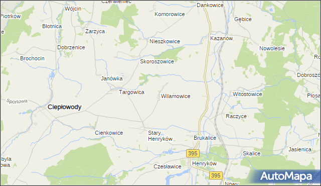 mapa Wilamowice gmina Ciepłowody, Wilamowice gmina Ciepłowody na mapie Targeo