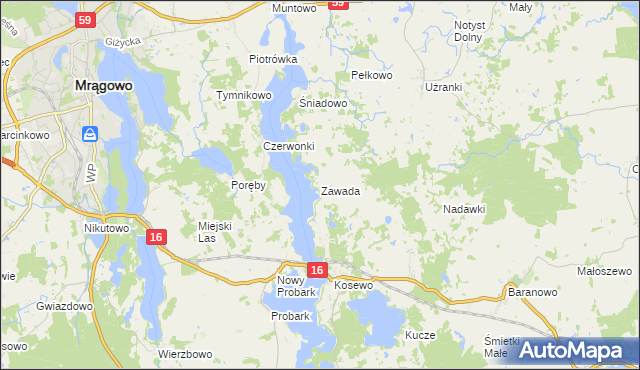 mapa Zawada gmina Mrągowo, Zawada gmina Mrągowo na mapie Targeo