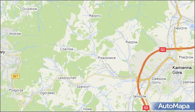 mapa Pisarzowice gmina Kamienna Góra, Pisarzowice gmina Kamienna Góra na mapie Targeo