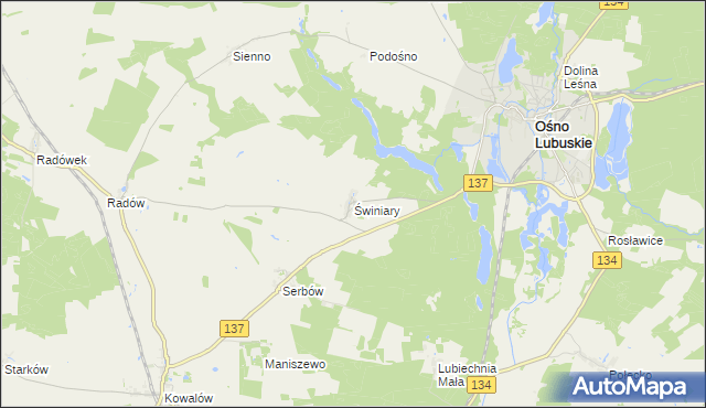 mapa Świniary gmina Ośno Lubuskie, Świniary gmina Ośno Lubuskie na mapie Targeo