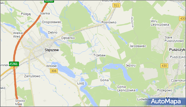 mapa Trzebaw gmina Stęszew, Trzebaw gmina Stęszew na mapie Targeo