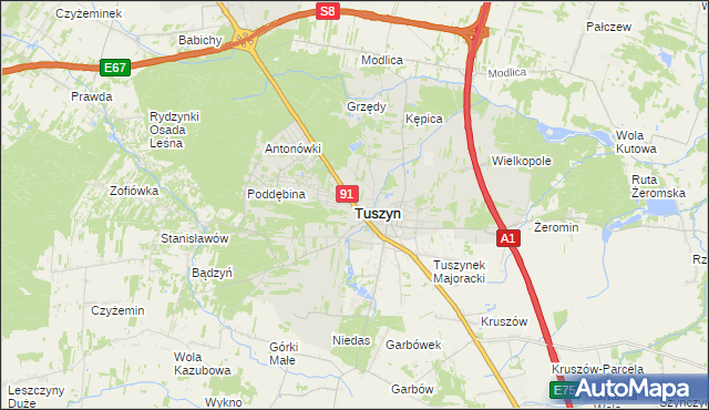 mapa Tuszyn powiat łódzki wschodni, Tuszyn powiat łódzki wschodni na mapie Targeo