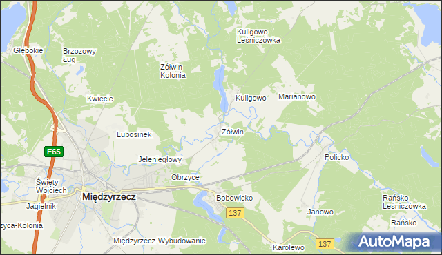 mapa Żółwin gmina Międzyrzecz, Żółwin gmina Międzyrzecz na mapie Targeo