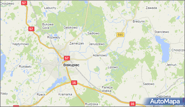 mapa Adamowo gmina Biskupiec, Adamowo gmina Biskupiec na mapie Targeo