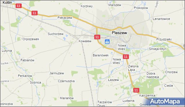 mapa Baranówek gmina Pleszew, Baranówek gmina Pleszew na mapie Targeo