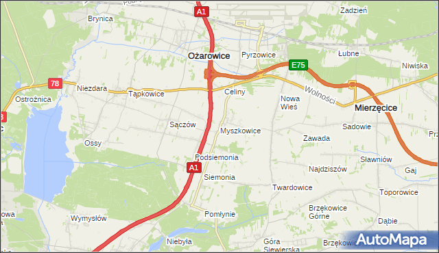 mapa Myszkowice gmina Bobrowniki, Myszkowice gmina Bobrowniki na mapie Targeo