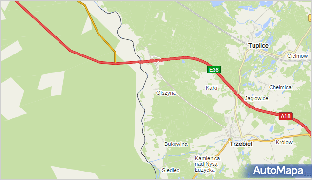 mapa Olszyna gmina Trzebiel, Olszyna gmina Trzebiel na mapie Targeo