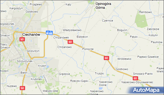 mapa Pomorze gmina Opinogóra Górna, Pomorze gmina Opinogóra Górna na mapie Targeo