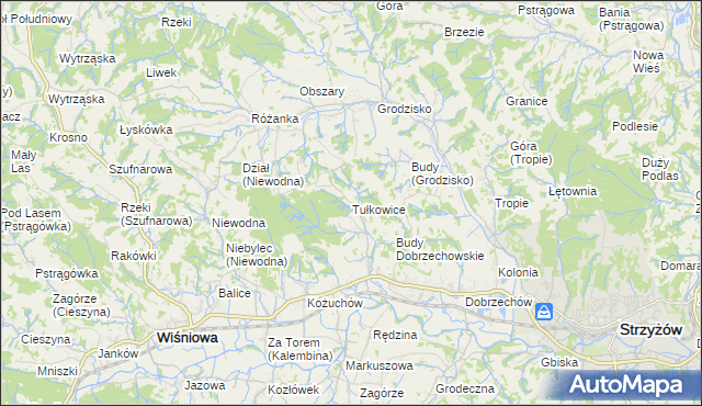 mapa Tułkowice gmina Wiśniowa, Tułkowice gmina Wiśniowa na mapie Targeo