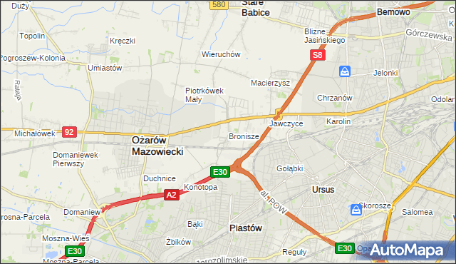 mapa Bronisze gmina Ożarów Mazowiecki, Bronisze gmina Ożarów Mazowiecki na mapie Targeo