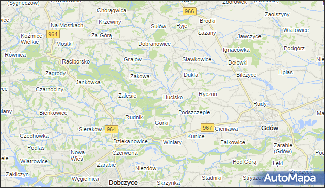 mapa Hucisko gmina Gdów, Hucisko gmina Gdów na mapie Targeo