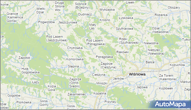 mapa Pstrągówka gmina Wiśniowa, Pstrągówka gmina Wiśniowa na mapie Targeo