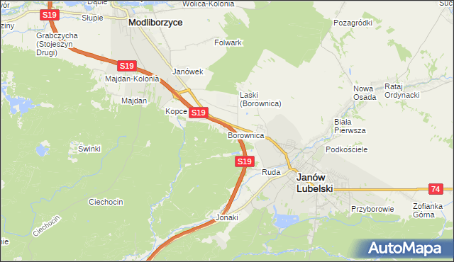 mapa Borownica gmina Janów Lubelski, Borownica gmina Janów Lubelski na mapie Targeo