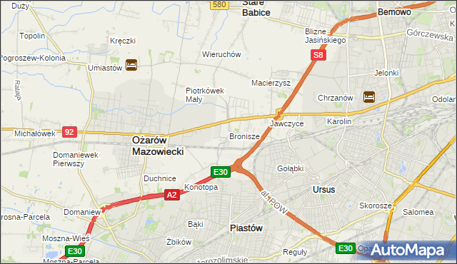 mapa Bronisze gmina Ożarów Mazowiecki, Bronisze gmina Ożarów Mazowiecki na mapie Targeo