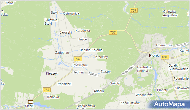 mapa Brzeziny gmina Pionki, Brzeziny gmina Pionki na mapie Targeo